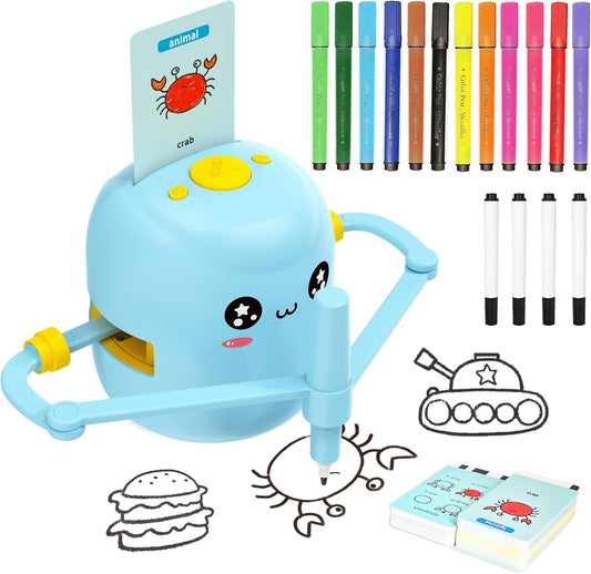 Drawing Robot for Kids Interactive Educational Drawing Robot with Voice Interaction Montessori Drawing Learning Toy with 100 Word Cards & 16 Color Pens Christmas Birthday Present for Kids 5 6 7 8 9