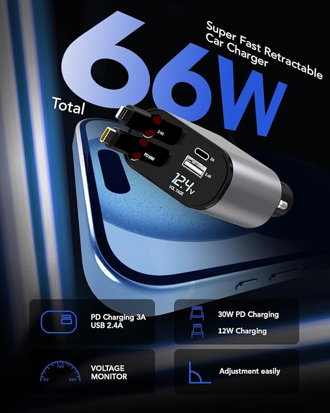 SpeedCharge 66W Retractable Car Charger
