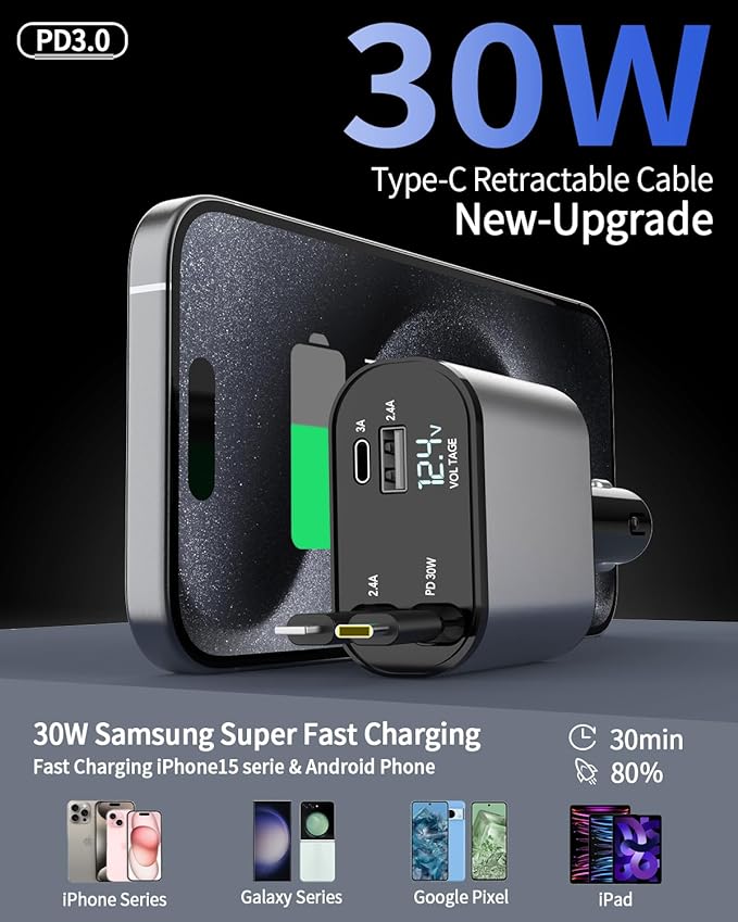 SpeedCharge 66W Retractable Car Charger