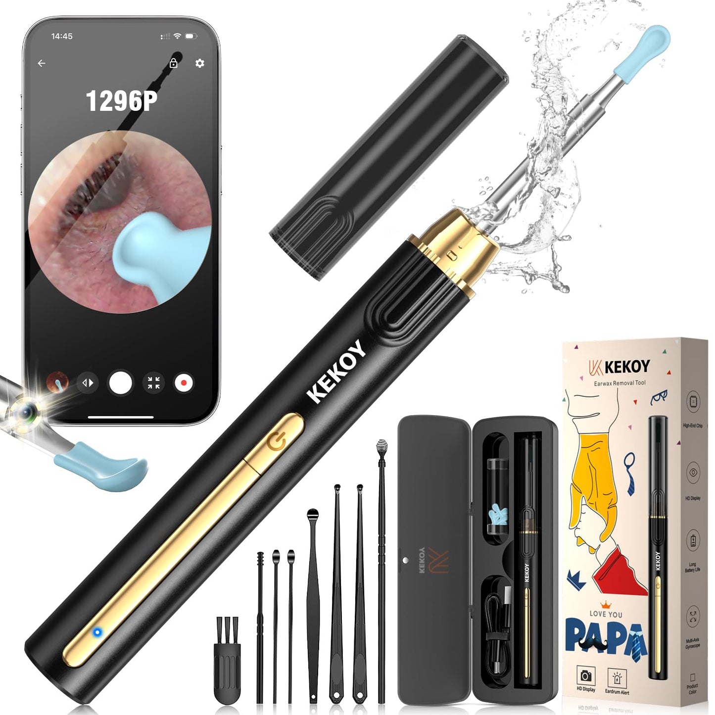 Kekoy Ear Cleaner with Camera for Christmas 1296P HD Ear Wax Removal Tool Camera WiFi Otoscope with Light for Ear Cleaning Ear Endoscope with 8 pcs Ear Set - P8 (Gold for Papa)