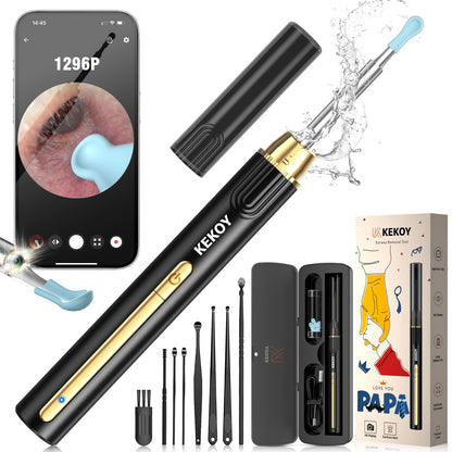 Kekoy Ear Cleaner with Camera for Christmas 1296P HD Ear Wax Removal Tool Camera WiFi Otoscope with Light for Ear Cleaning Ear Endoscope with 8 pcs Ear Set - P8 (Gold for Papa)